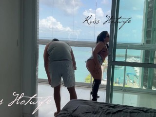 My husband's cuckold filming me showing off on the balcony to the males in the pool