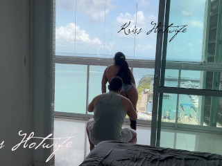 My husband's cuckold filming me showing off on the balcony to the males in the pool