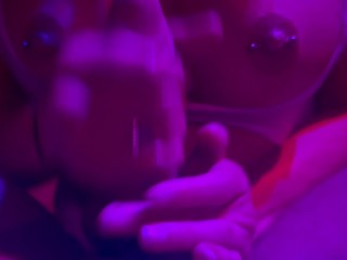 Hot milf with bigboobs gets her tits fucked while jerking off a rockhard cock