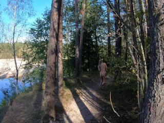 Nude girl walk in forest and No Bra No problem