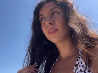 Walking with hot cum on my face on a public beach full of people - Cumwalk