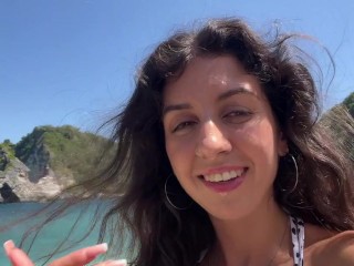 Walking with hot cum on my face on a public beach full of people - Cumwalk