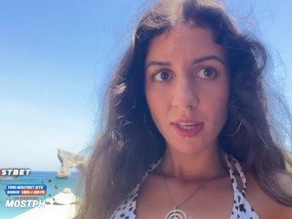 Walking with hot cum on my face on a public beach full of people - Cumwalk