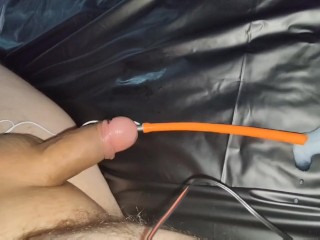 Estim hands-free orgasm milking with urethral electrode and prostate butt plug