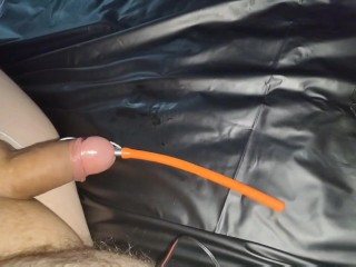 Estim hands-free orgasm milking with urethral electrode and prostate butt plug