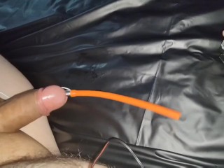 Estim hands-free orgasm milking with urethral electrode and prostate butt plug