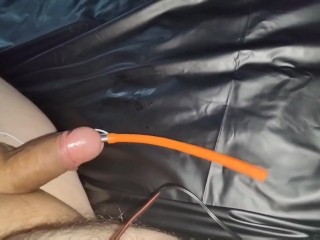 Estim hands-free orgasm milking with urethral electrode and prostate butt plug