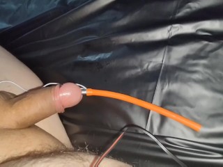 Estim hands-free orgasm milking with urethral electrode and prostate butt plug