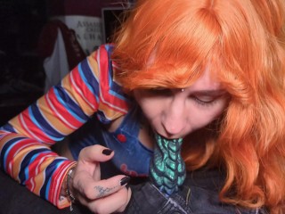 female chucky cosplayer girl gets fucked by dragon dildo