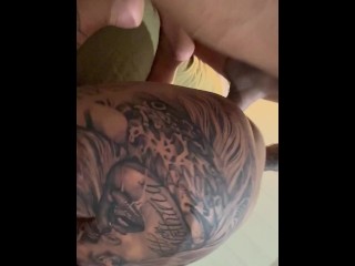 Fucking a hot milf from behind while I choke her with a belt around her neck