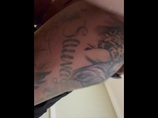 Fucking a hot milf from behind while I choke her with a belt around her neck