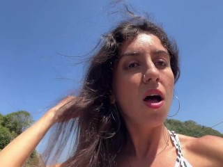 Hottie sucks my dick on a public beach and walks along the shore with cum on her face - Cumwalk