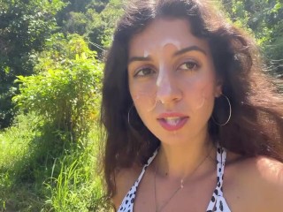 Hottie sucks my dick on a public beach and walks along the shore with cum on her face - Cumwalk