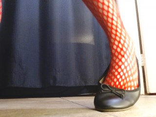 Red Fishnets Ballet Flats Shoeplay Dipping Toe Wiggling