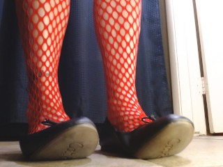 Red Fishnets Ballet Flats Shoeplay Dipping Toe Wiggling