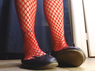 Red Fishnets Ballet Flats Shoeplay Dipping Toe Wiggling