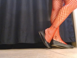 Red Fishnets Ballet Flats Shoeplay Dipping Toe Wiggling