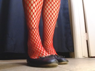 Red Fishnets Ballet Flats Shoeplay Dipping Toe Wiggling