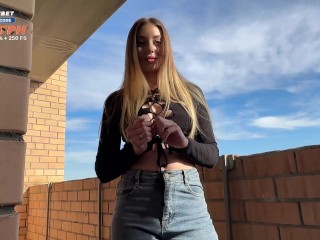 Step sister smokes on the balcony, takes off her jeans and lets her pussy get fucked