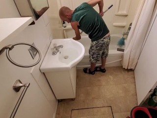 Cute Boy Deep Cleaning Bathroom