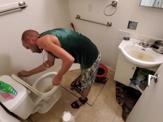 Cute Boy Deep Cleaning Bathroom