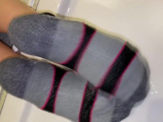 She Gives Me A Sneaky Footjob In The Bathroom!