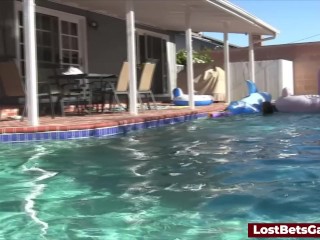 A pool party with four hot girls and one lucky winner guy