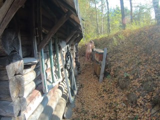 Nude girl walking in the village