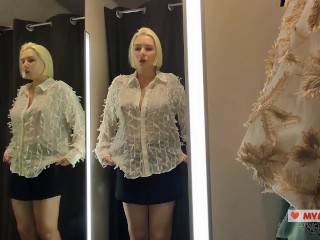 Blonde flashes her tits. Try on haul sexy clothes, translucent try on haul in the fitting room