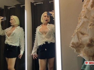 Blonde flashes her tits. Try on haul sexy clothes, translucent try on haul in the fitting room