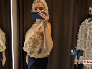 Blonde flashes her tits. Try on haul sexy clothes, translucent try on haul in the fitting room