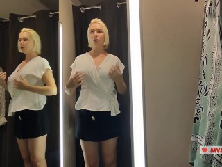 Blonde flashes her tits. Try on haul sexy clothes, translucent try on haul in the fitting room