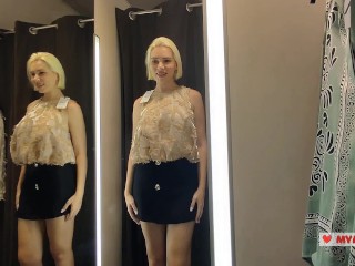 Blonde flashes her tits. Try on haul sexy clothes, translucent try on haul in the fitting room