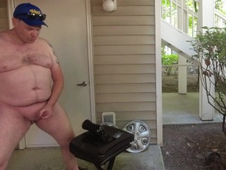 Public fucking my toy on my patio! Pool BBQ going on while I fuck my toy naked and cum!