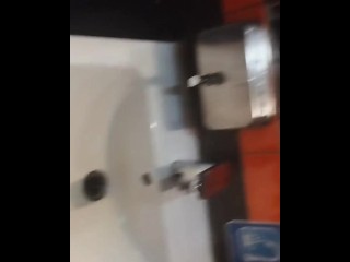 I jerk off my huge dick in the public toilet on gas station