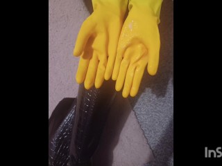 Mistress Night Milks slaves cock in sexy RUBBER GLOVES! Who wants to lick them clean?