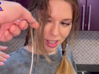 The flatmate-girl doesn't mind periodic fucking in the kitchen and get cum in her mouth and pigtails