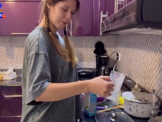 The flatmate-girl doesn't mind periodic fucking in the kitchen and get cum in her mouth and pigtails