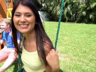 YNGR - Sexy Teen Charlotte Mae Gives A Nice Blowjob In The Backyard Before Riding It On The Couch