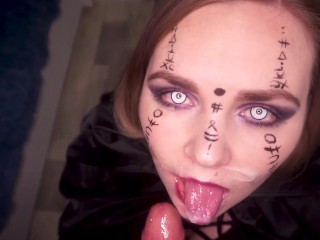 Cute Horny Witch Gives Blowjob And Gets Cum On Her Face