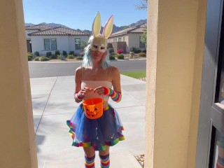 Halloween Trick-or-Treat Bad Bunny Gets Candy Cum and Squirts on His Cock