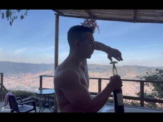 In the jacuzzi, touching my thick and hard cock for you I give you all my milk on your buttocks