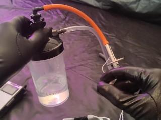 Estim milking orgasm and cum collection reservoir test