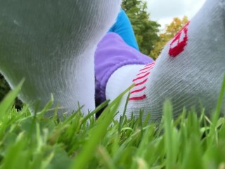 foot worship bare and in socks in public outdoor