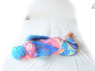 Colourful catsuit selfbondage hogtie