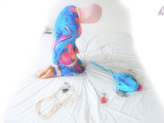 Colourful catsuit selfbondage hogtie