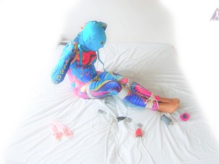 Colourful catsuit selfbondage hogtie