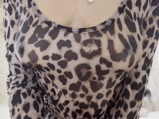 Wet vs. Dry White Sheer Dress and Sheer Leopard Print Shirt.