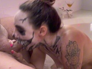 Spooky Slutty Skeleton gets Boned in Bubble Bath While Blowing Big Daddy’s Halloween Cock