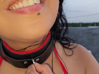 Submissive milf dominated on rooftop outdoors by a bricklayer. Facial, blowjob and golden shower